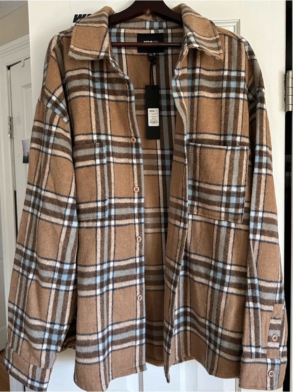 Fashion Nova Tan and Brown Plaid Lightweight Shacket